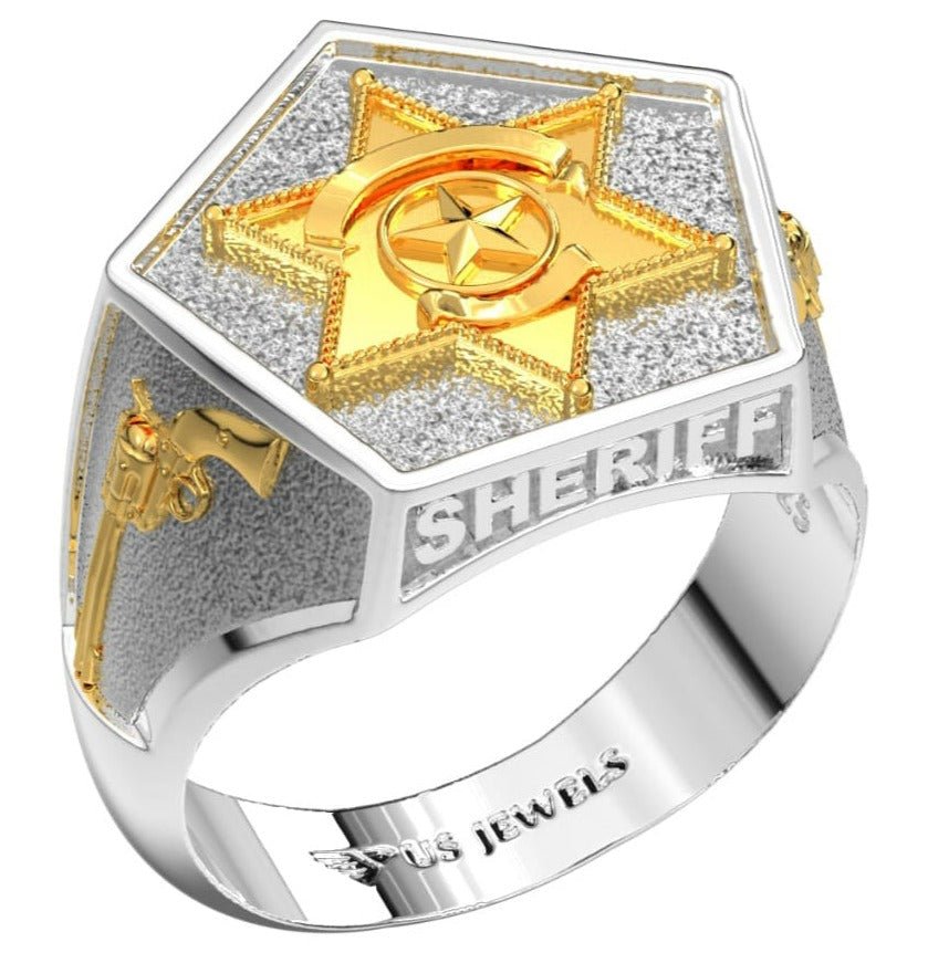 Men's 14K Yellow, White or Two Tone Gold Solid Back Sheriff Ring - US Jewels