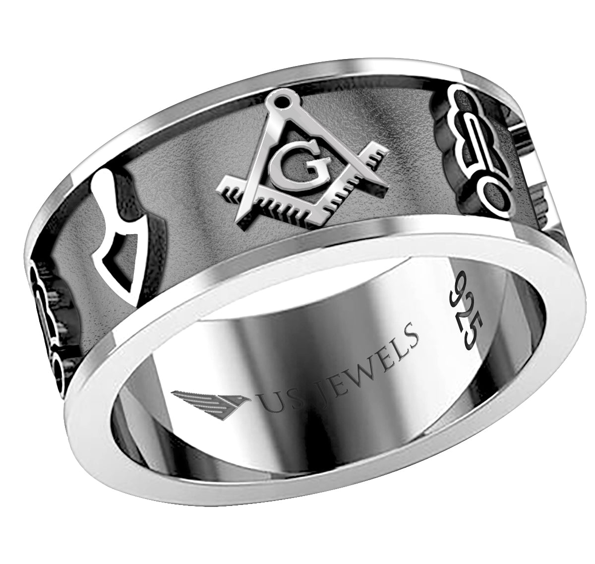Men's 8mm 925 Sterling Master Mason Masonic Band Ring