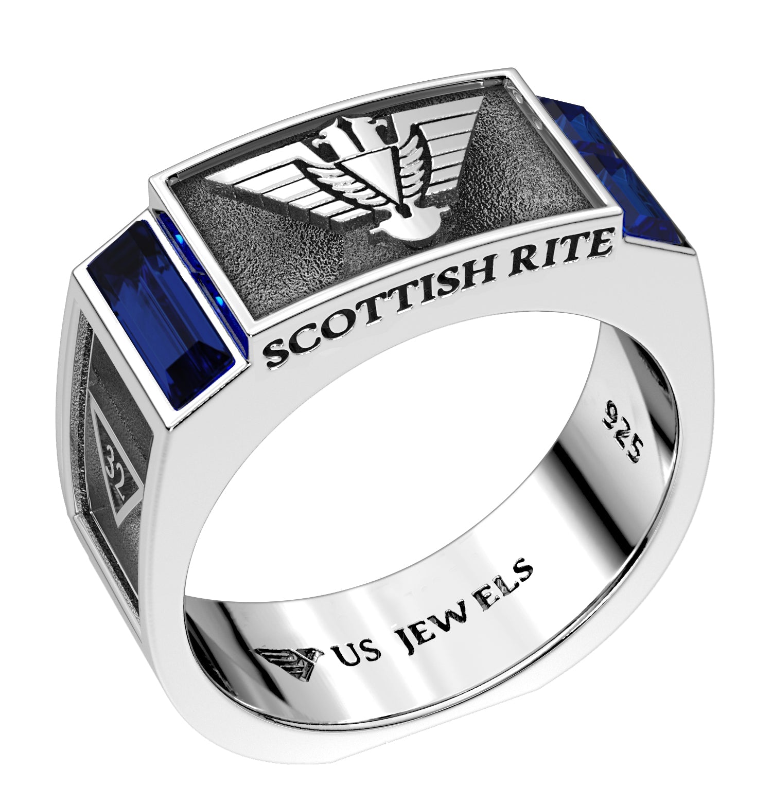 Men's 8mm 925 Sterling Silver Scottish Rite Synthetic Sapphire Masonic Ring - US Jewels