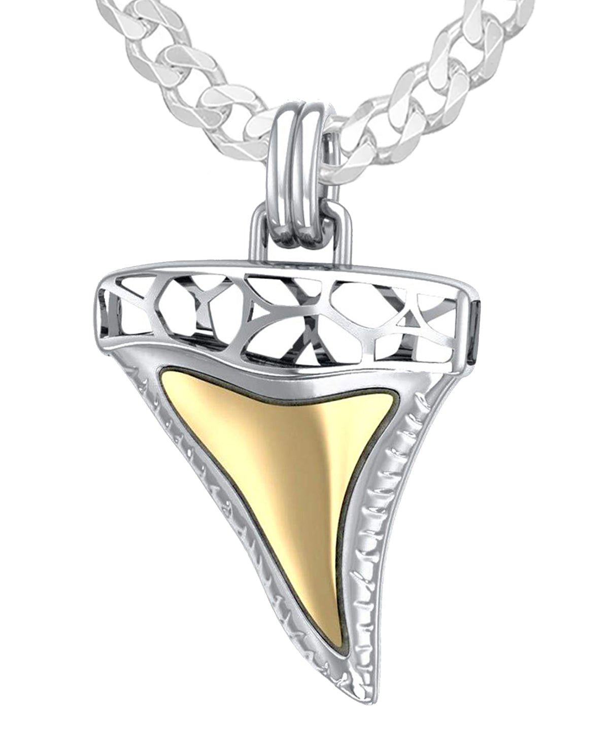 Men's 925 Sterling Silver & 14K Gold Plated 3D Window to Universe Shark Tooth Pendant Necklace, 38mm - US Jewels
