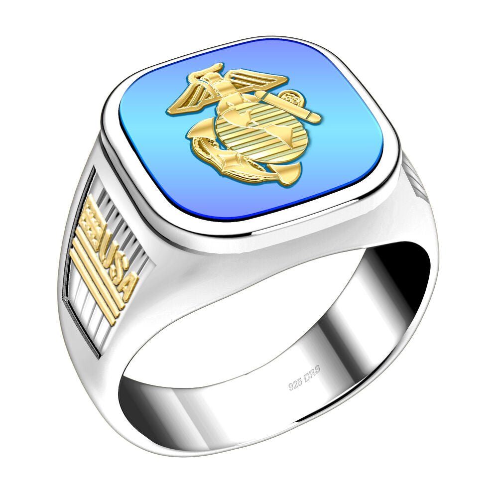 Men's 925 Sterling Silver & 14k US Marine Corps Military Ring Band - US Jewels