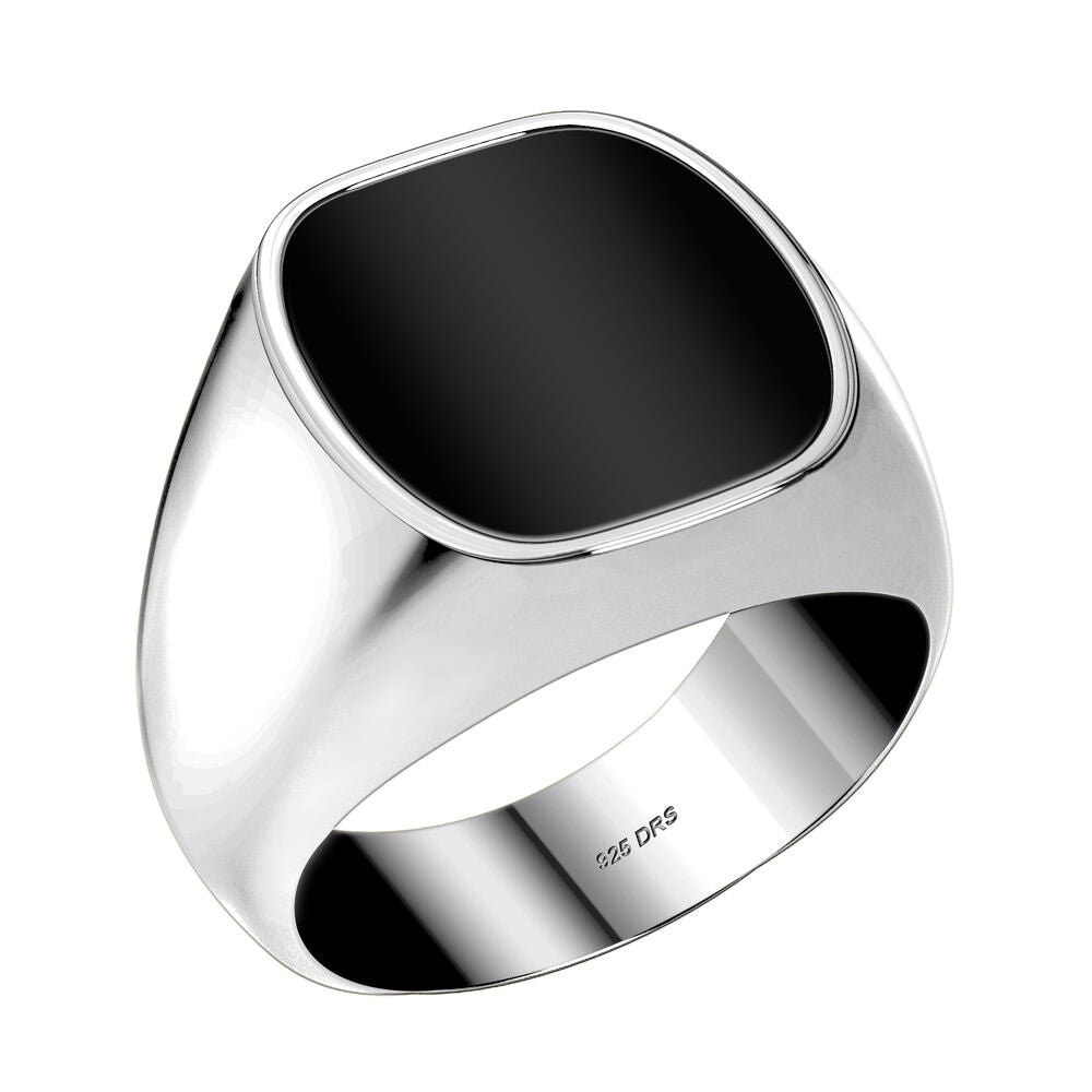 Men's Black Onyx Ring - Men's Silver Ring with Engraving - 925 Silver