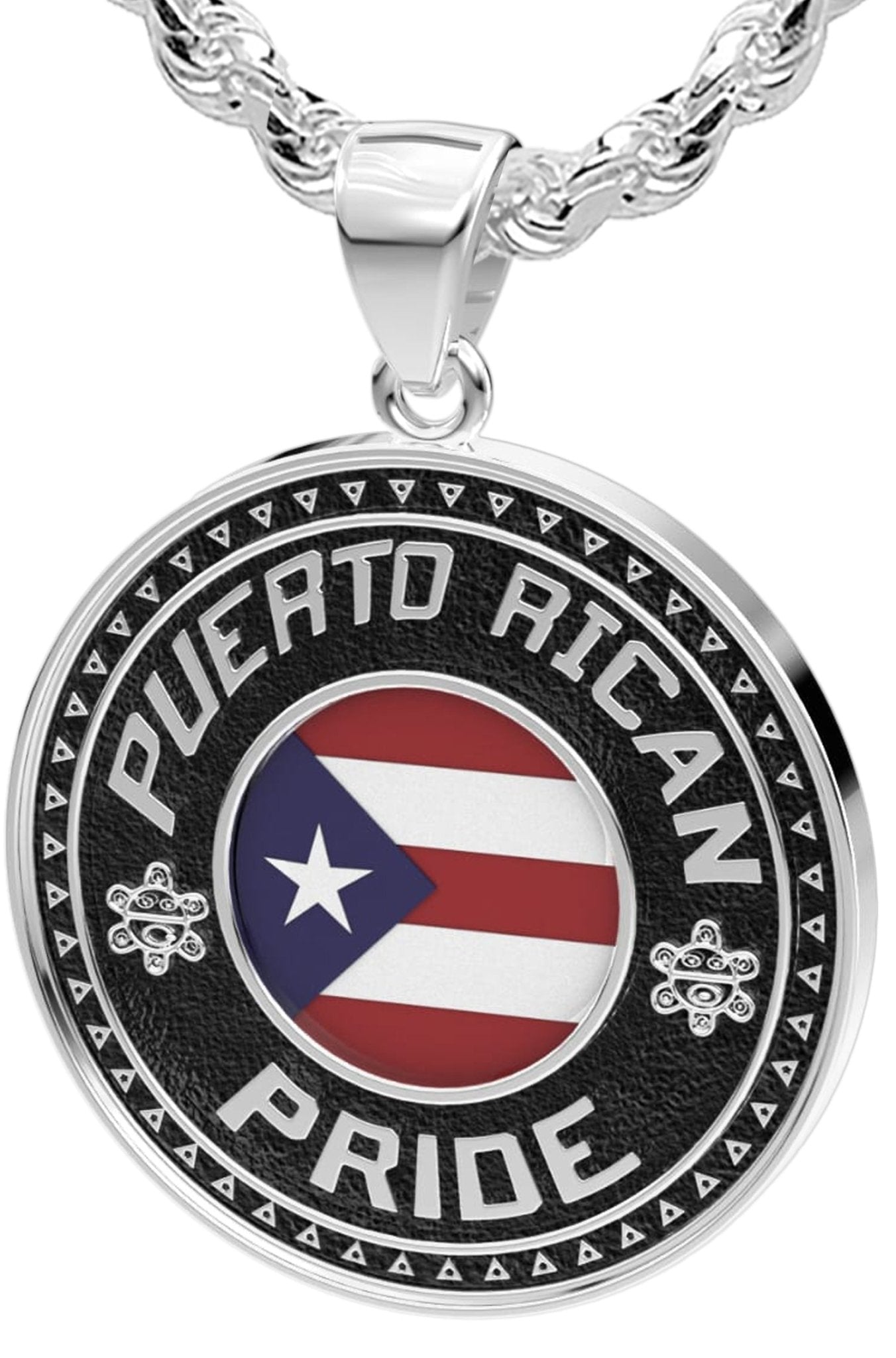 Men's 925 Sterling Silver Puerto Rican Pride Medal Pendant Necklace with Flag, 33mm - US Jewels