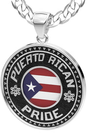 Men's 925 Sterling Silver Puerto Rican Pride Medal Pendant Necklace with Flag, 33mm - US Jewels
