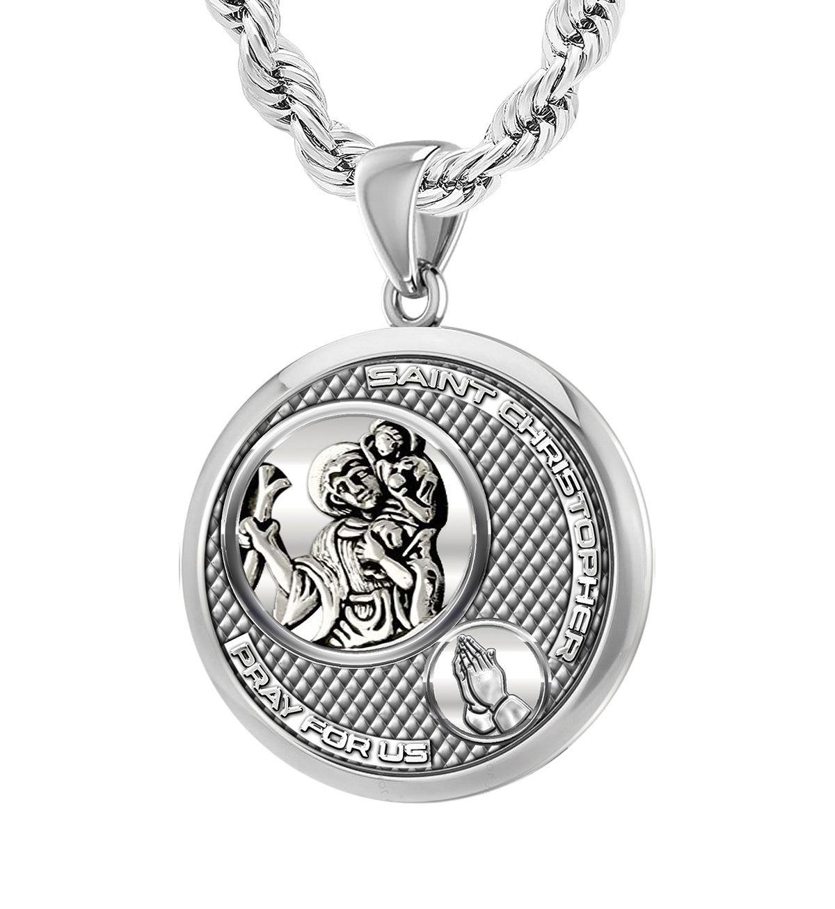 Men's 925 Sterling Silver Round Saint Christopher Round Polished Finish Pendant Necklace, 25mm - US Jewels