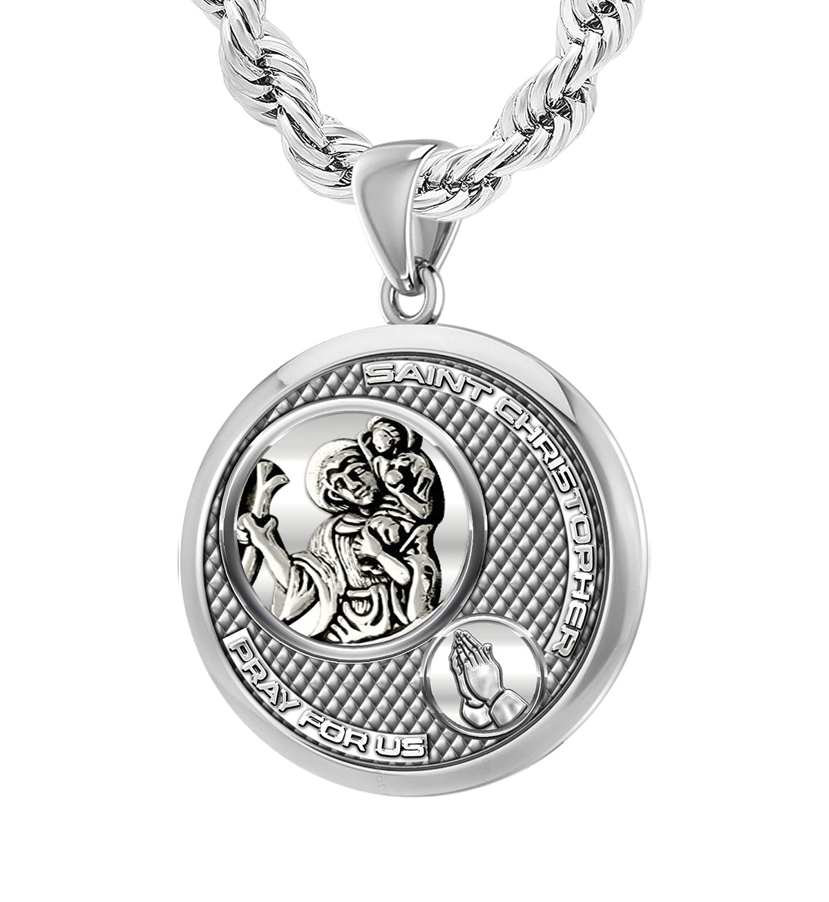 Men's 925 Sterling Silver Round Saint Christopher Round Polished Finish Pendant Necklace, 25mm - US Jewels