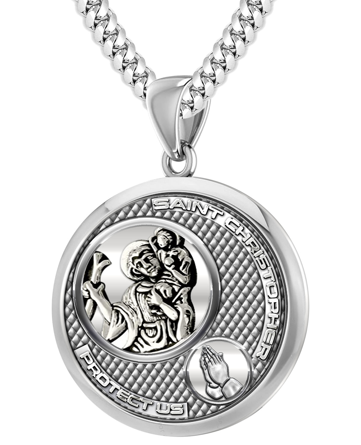 Men's 925 Sterling Silver Round Saint Christopher Round Polished Finish Pendant Necklace, 33mm - US Jewels