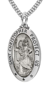 Men's 925 Sterling Silver Saint Christopher Oval Antique Pendant Necklace, 28mm - US Jewels