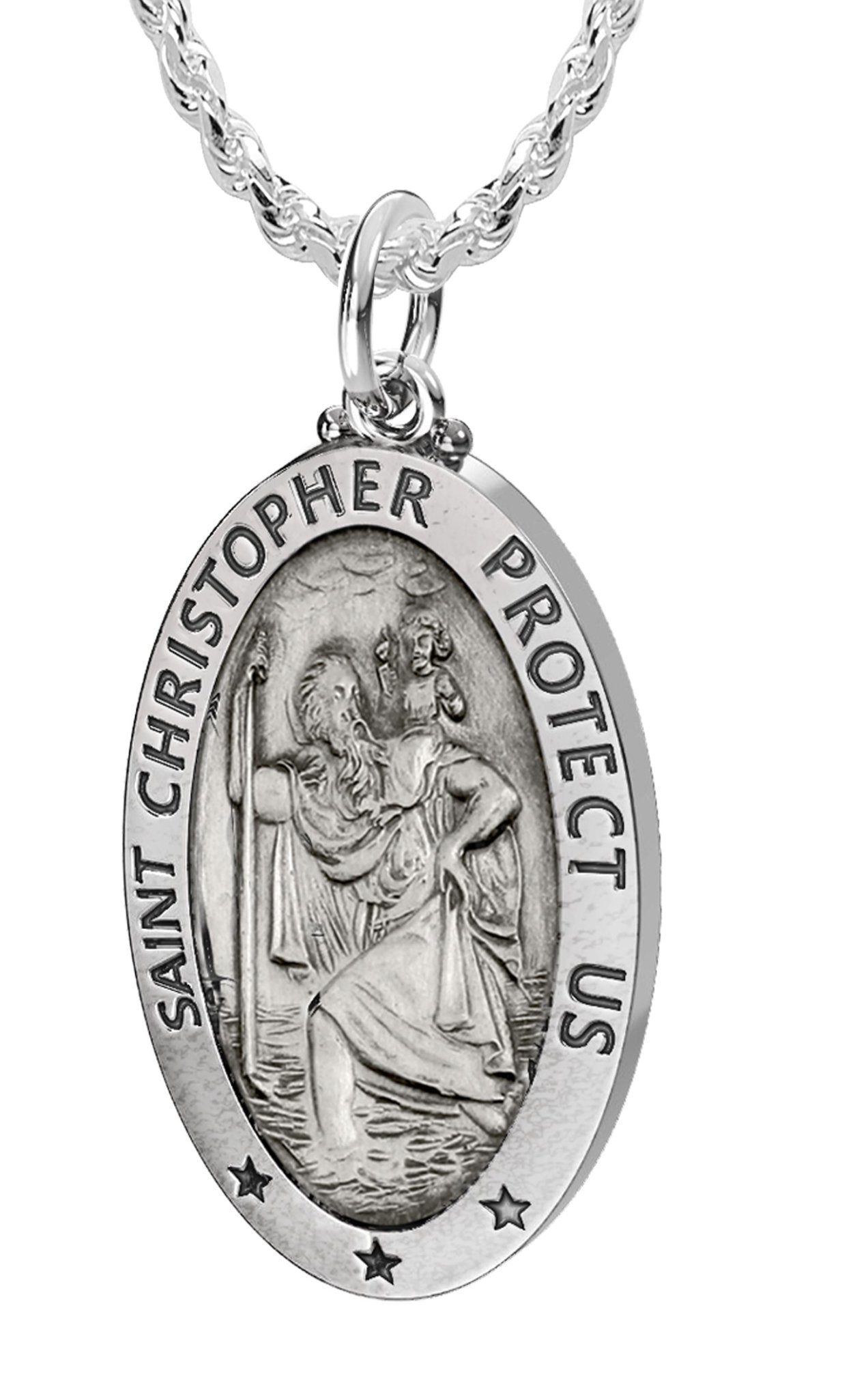 Sterling Silver Saint Christopher Oval Pendant Necklace, 28mm