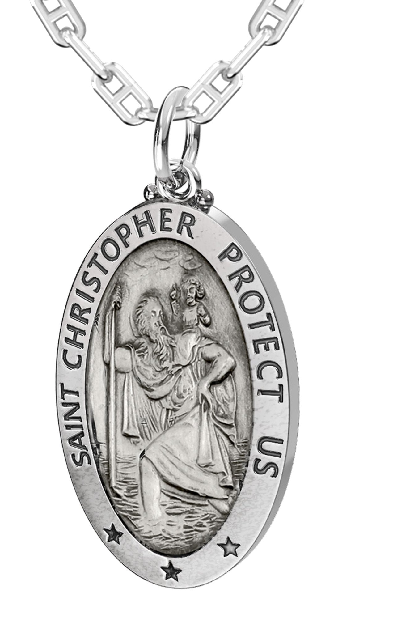 Men's 925 Sterling Silver Saint Christopher Oval Antique Pendant Necklace, 28mm - US Jewels