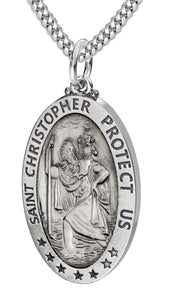Men's 925 Sterling Silver Saint Christopher Oval Antique Pendant Necklace, 32mm - US Jewels
