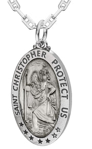 Men's 925 Sterling Silver Saint Christopher Oval Antique Pendant Necklace, 32mm - US Jewels
