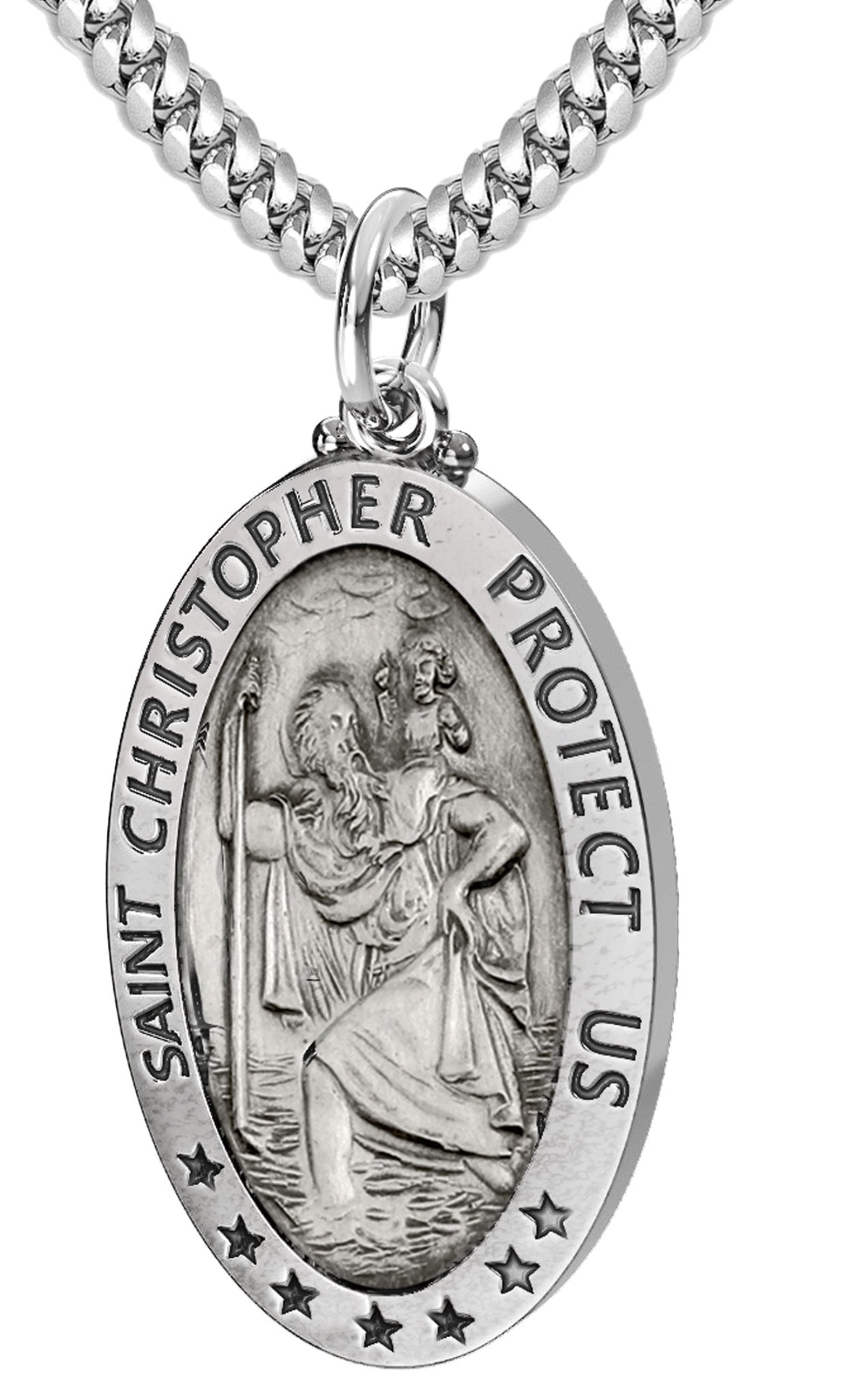 Men's 925 Sterling Silver Saint Christopher Oval Antique Pendant Necklace, 32mm - US Jewels