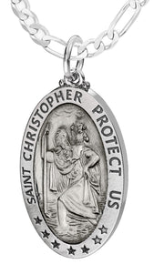 Men's 925 Sterling Silver Saint Christopher Oval Antique Pendant Necklace, 32mm - US Jewels