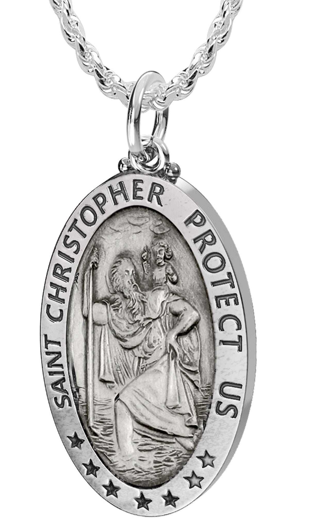 Men's 925 Sterling Silver Saint Christopher Oval Antique Pendant Necklace, 32mm - US Jewels