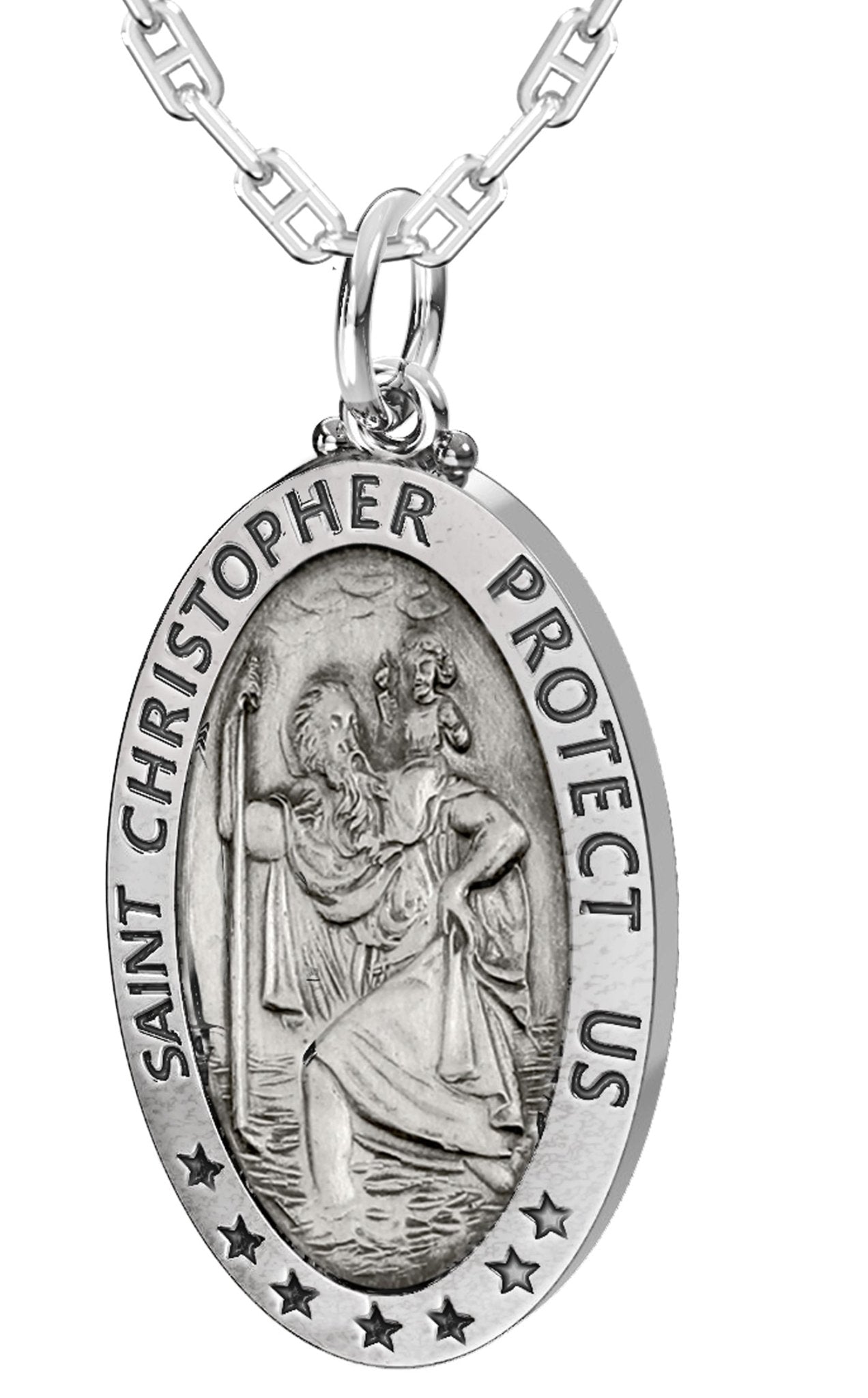 Men's 925 Sterling Silver Saint Christopher Oval Antique Pendant Necklace, 32mm - US Jewels