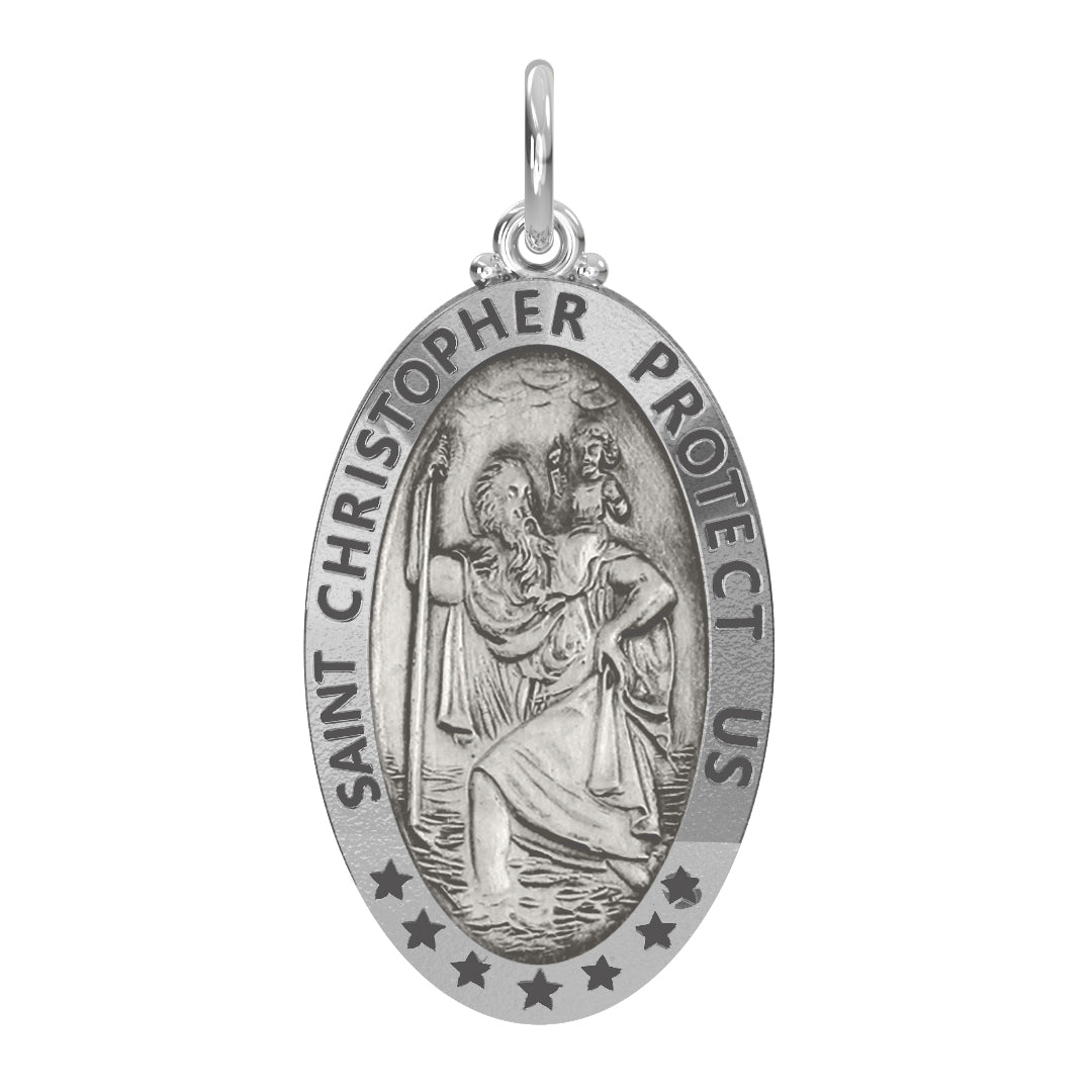 Men's 925 Sterling Silver Saint Christopher Oval Antique Pendant Necklace, 32mm - US Jewels