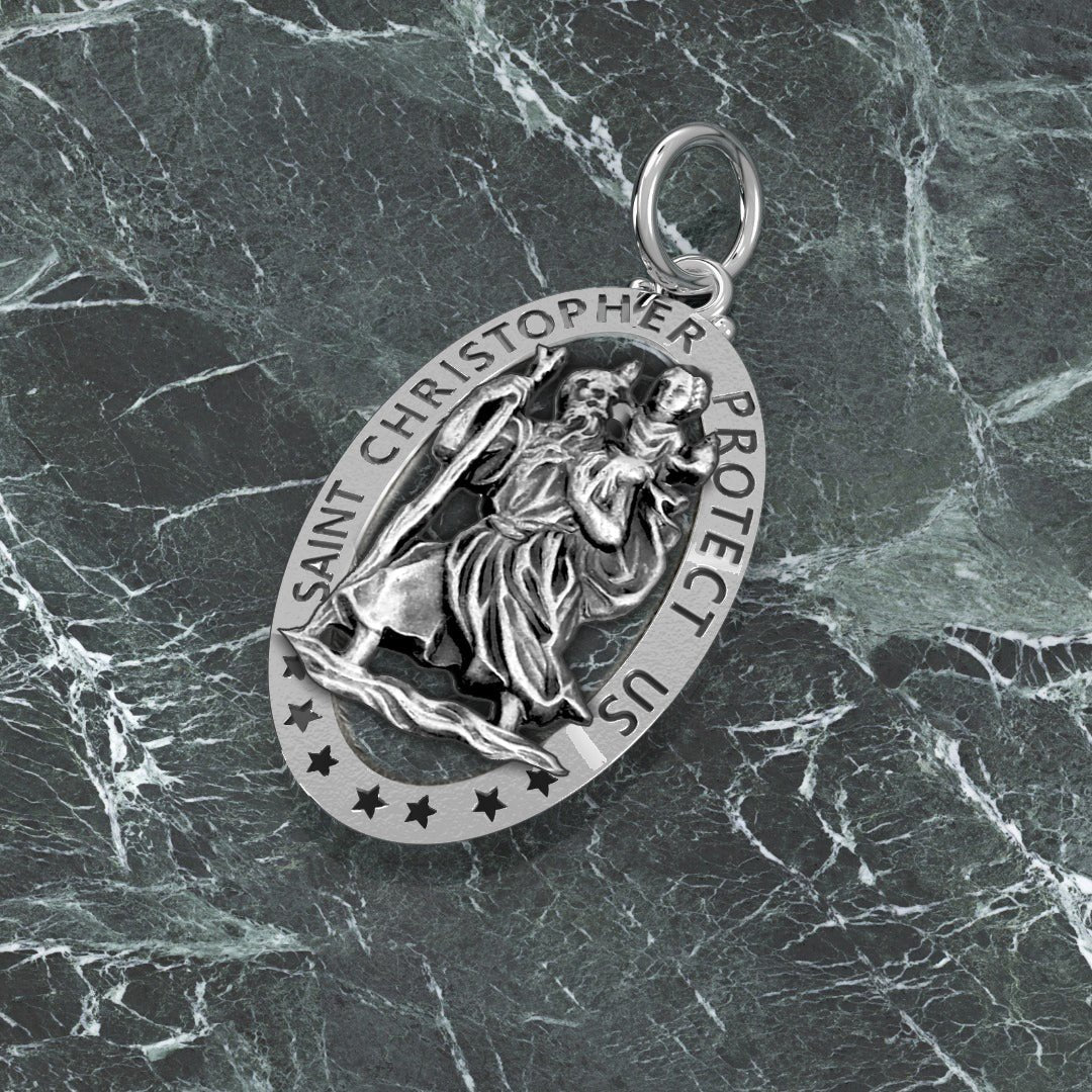 Men's 925 Sterling Silver Saint Christopher Oval Antique Pierced Pendant Necklace, 32mm - US Jewels