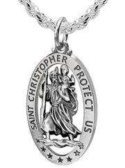 Men's 925 Sterling Silver Saint Christopher Oval Antique Pierced Pendant Necklace, 32mm - US Jewels