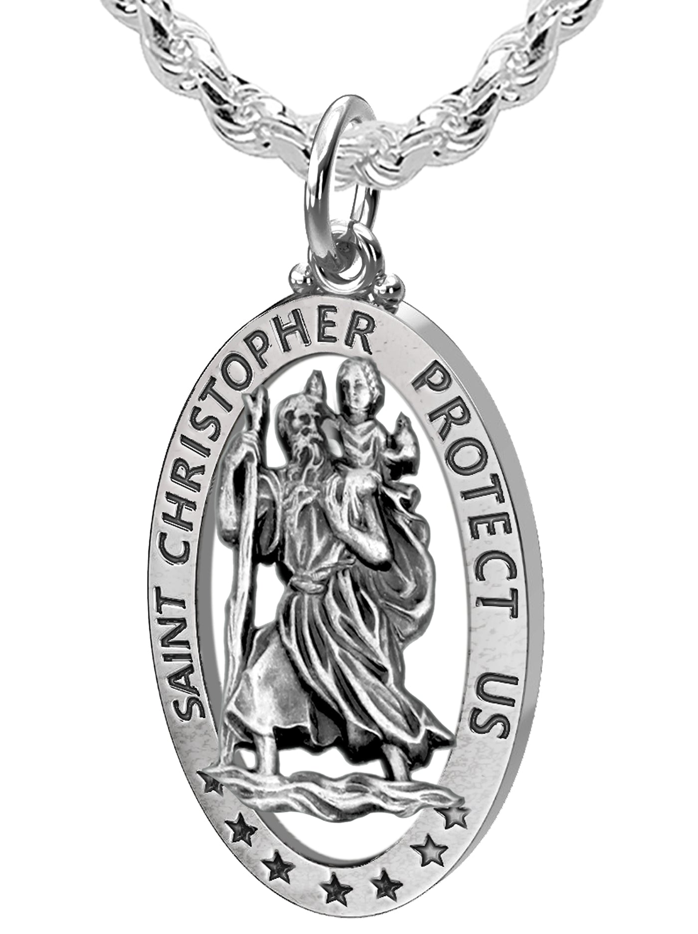 Men's 925 Sterling Silver Saint Christopher Oval Antique Pierced Pendant Necklace, 32mm - US Jewels