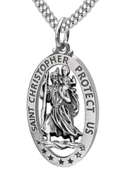 Men's 925 Sterling Silver Saint Christopher Oval Antique Pierced Pendant Necklace, 32mm - US Jewels