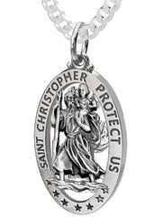 Men's 925 Sterling Silver Saint Christopher Oval Antique Pierced Pendant Necklace, 32mm - US Jewels