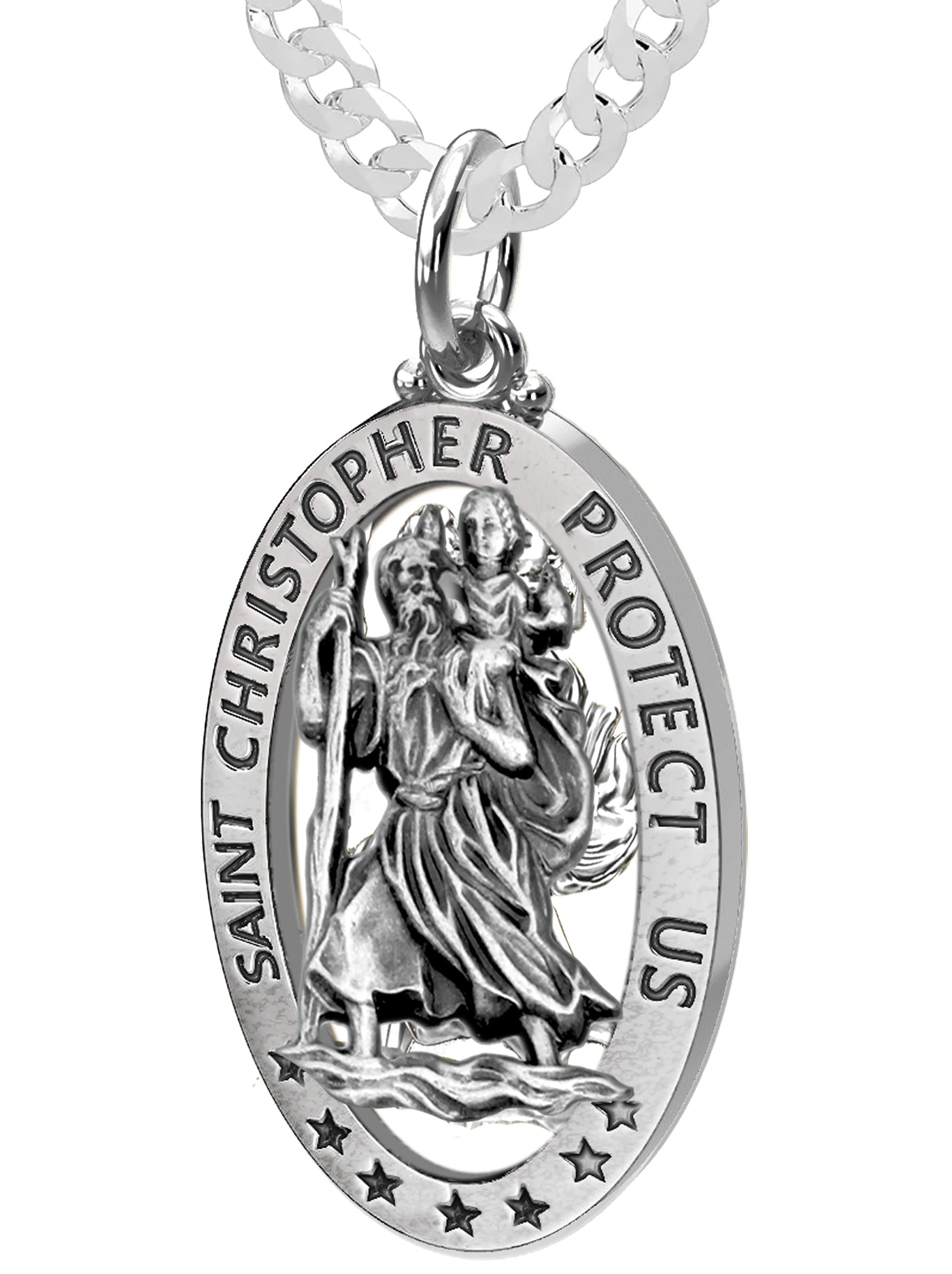 Men's 925 Sterling Silver Saint Christopher Oval Antique Pierced Pendant Necklace, 32mm - US Jewels