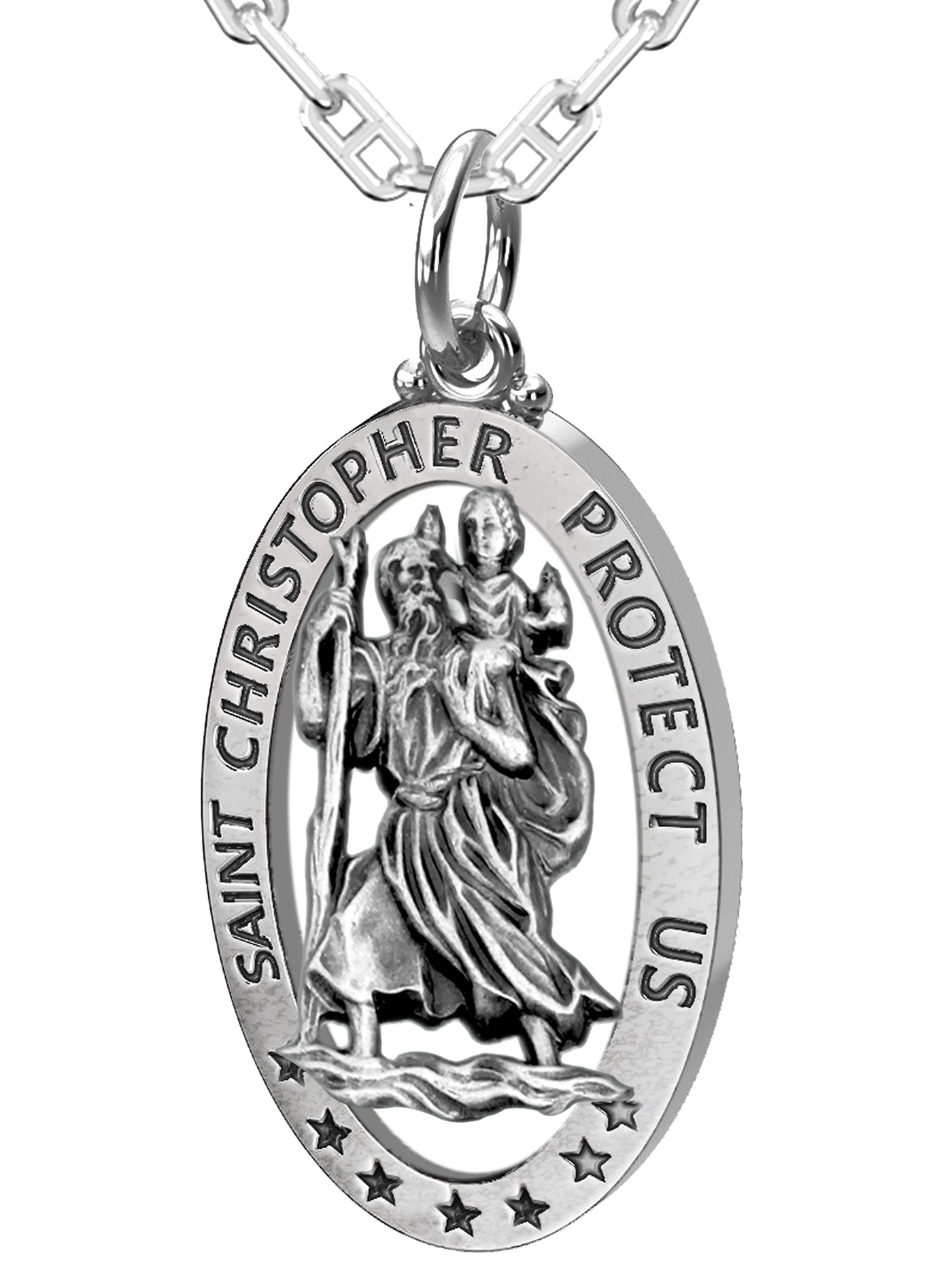 Men's 925 Sterling Silver Saint Christopher Oval Antique Pierced Pendant Necklace, 32mm - US Jewels