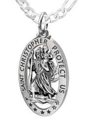 Men's 925 Sterling Silver Saint Christopher Oval Antique Pierced Pendant Necklace, 32mm - US Jewels