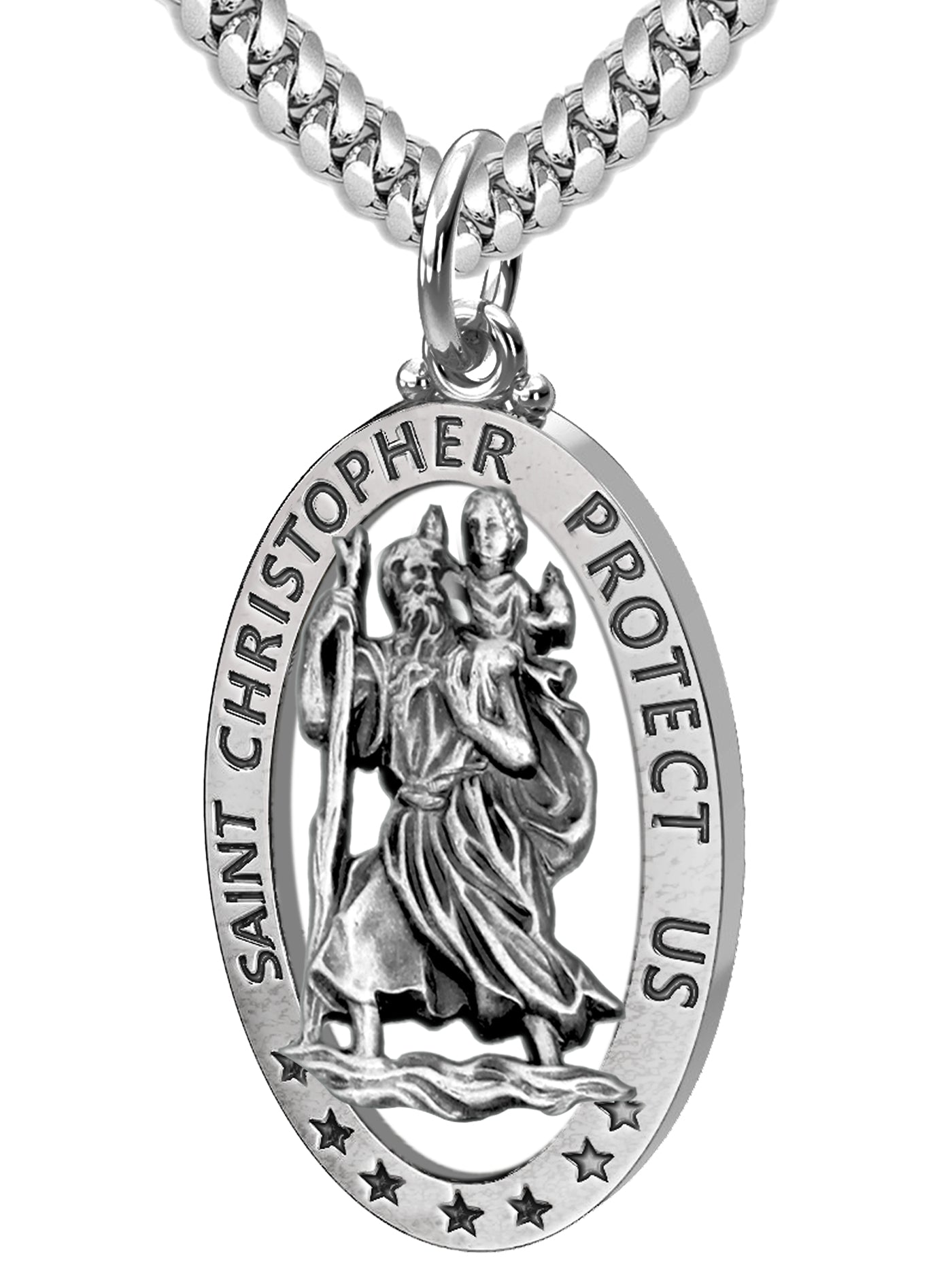 Men's 925 Sterling Silver Saint Christopher Oval Antique Pierced Pendant Necklace, 32mm - US Jewels