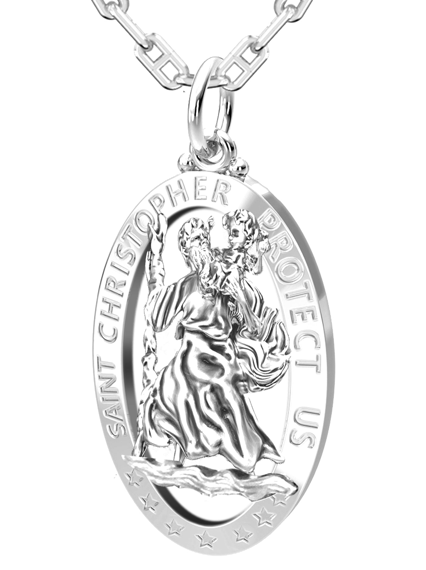 Men's 925 Sterling Silver Saint Christopher Oval Polished Pierced Pendant Necklace, 32mm - US Jewels