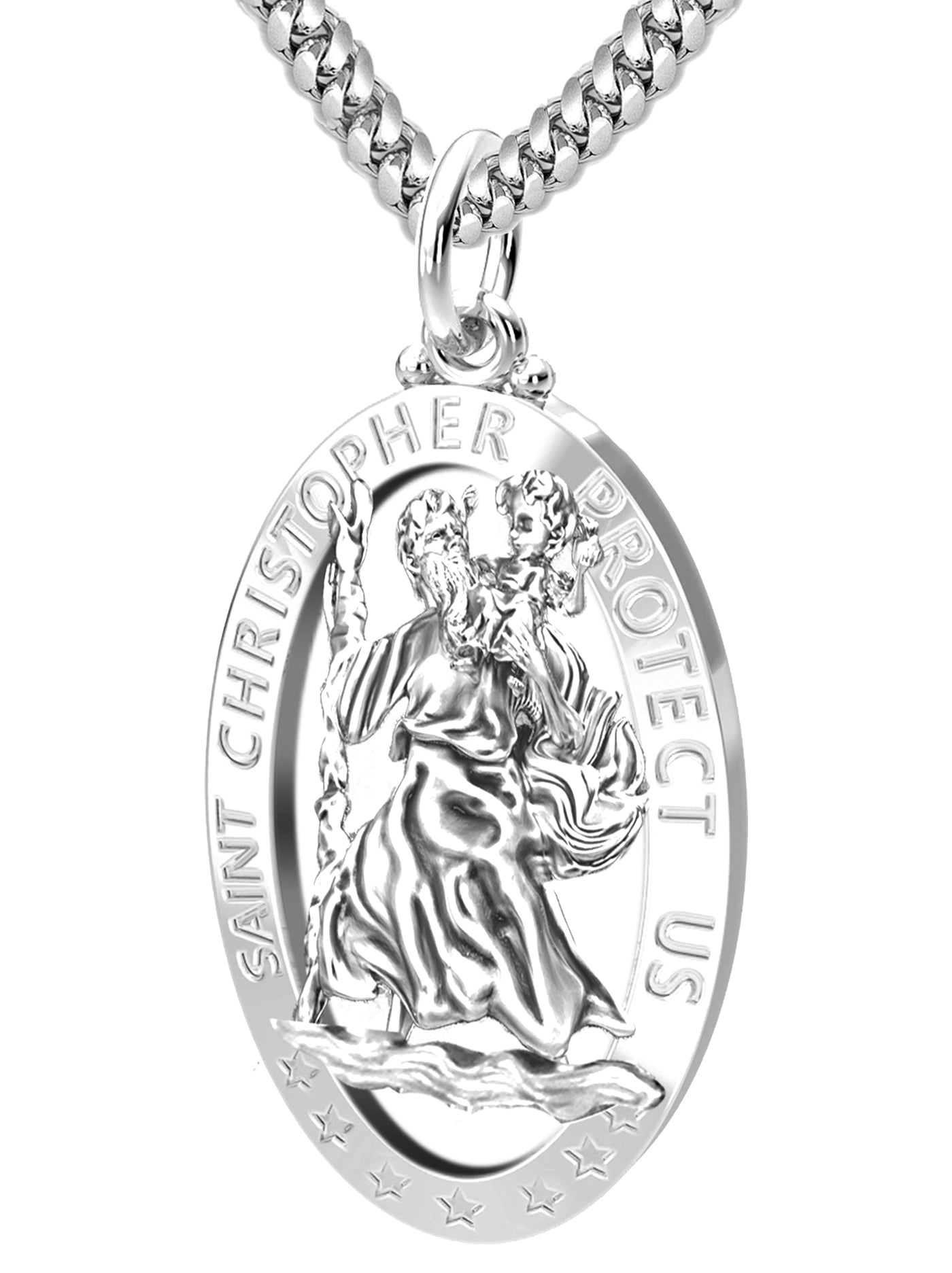 Men's 925 Sterling Silver Saint Christopher Oval Polished Pierced Pendant Necklace, 32mm - US Jewels