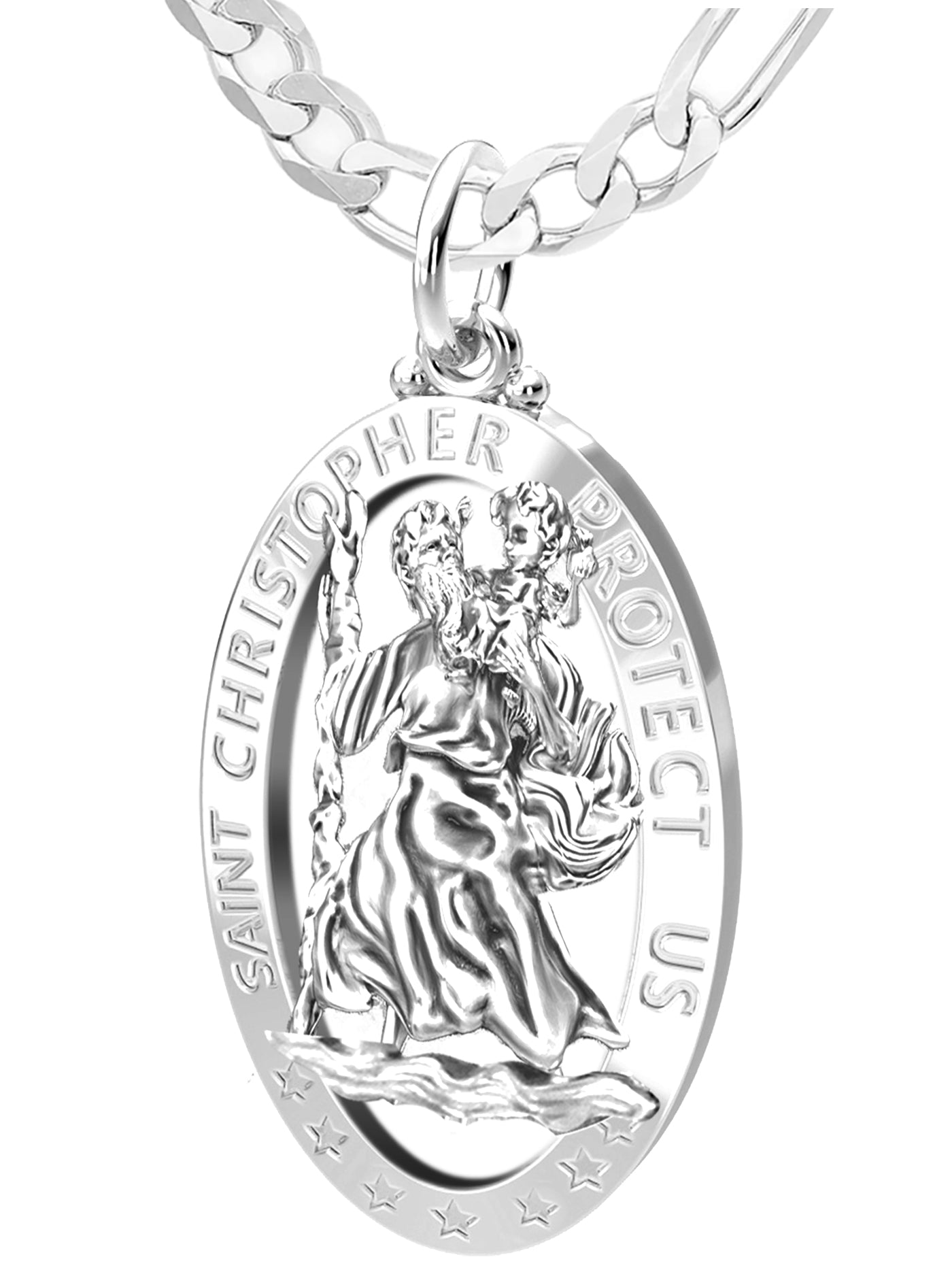 Men's 925 Sterling Silver Saint Christopher Oval Polished Pierced Pendant Necklace, 32mm - US Jewels