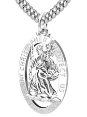 Men's 925 Sterling Silver Saint Christopher Oval Polished Pierced Pendant Necklace, 32mm - US Jewels