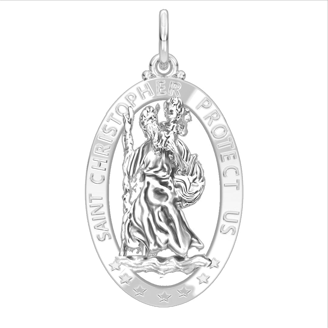 Men's 925 Sterling Silver Saint Christopher Oval Polished Pierced Pendant Necklace, 32mm - US Jewels