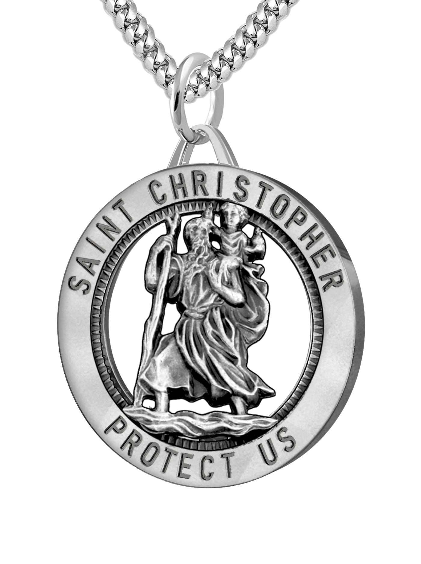 Men's 925 Sterling Silver Saint Christopher Round Antique Pendant Necklace, 25mm - US Jewels