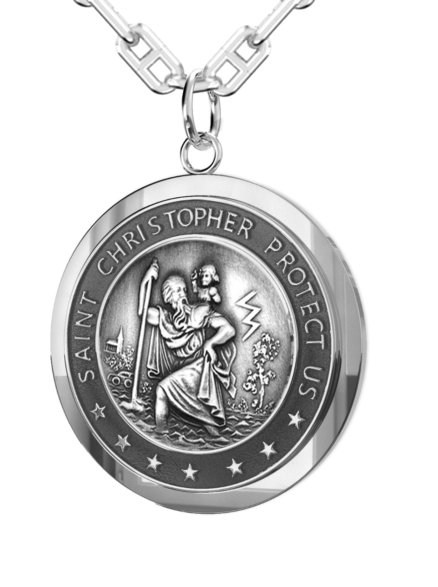 Men's 925 Sterling Silver Saint Christopher Round Antique Pendant Necklace, 25mm - US Jewels