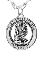 Men's 925 Sterling Silver Saint Christopher Round Antique Pendant Necklace, 25mm - US Jewels