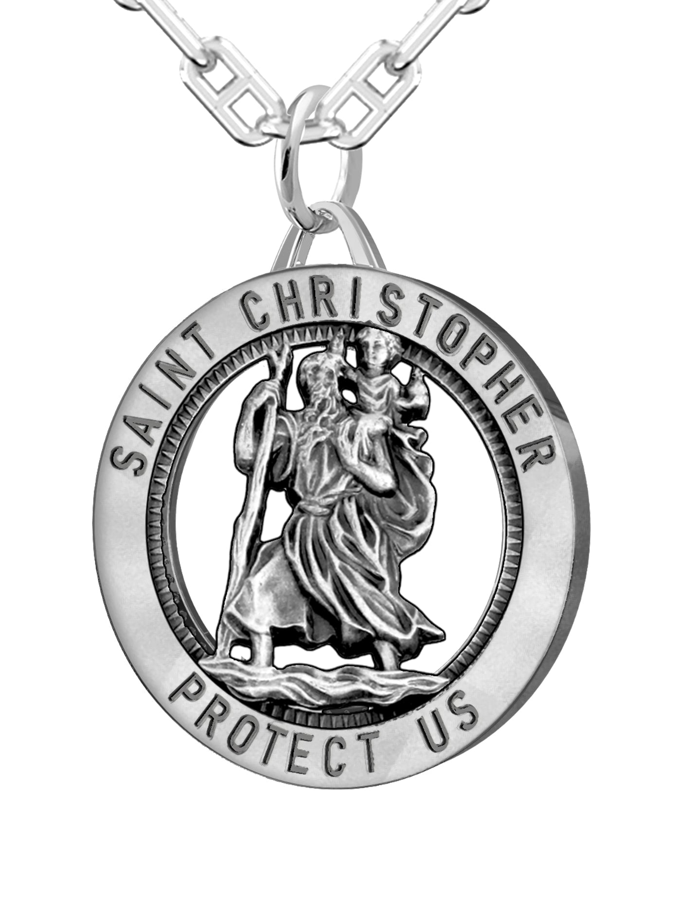 Men's 925 Sterling Silver Saint Christopher Round Antique Pendant Necklace, 25mm - US Jewels