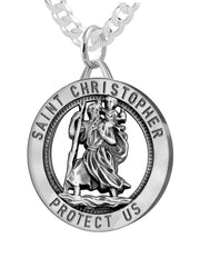 Men's 925 Sterling Silver Saint Christopher Round Antique Pendant Necklace, 25mm - US Jewels