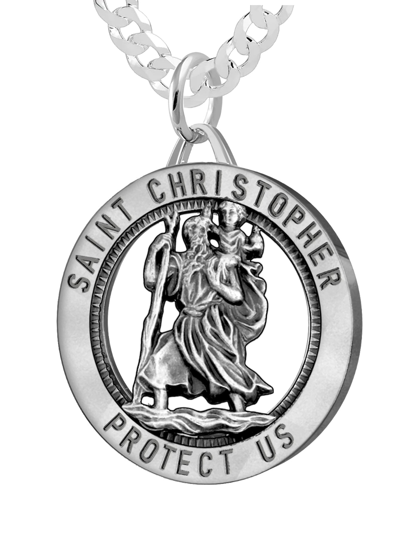 Men's 925 Sterling Silver Saint Christopher Round Antique Pendant Necklace, 25mm - US Jewels