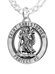 Men's 925 Sterling Silver Saint Christopher Round Antique Pendant Necklace, 25mm - US Jewels