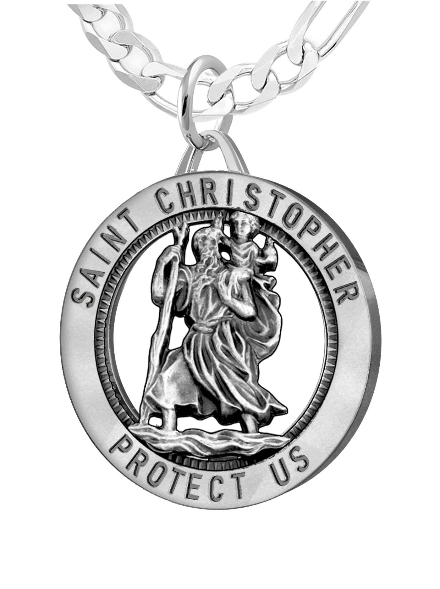 Men's 925 Sterling Silver Saint Christopher Round Antique Pendant Necklace, 25mm - US Jewels