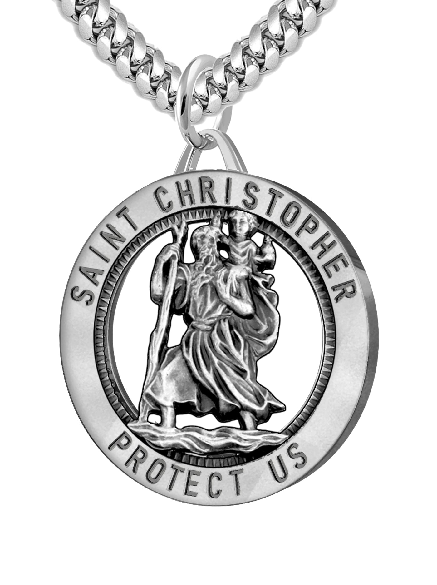 Men's 925 Sterling Silver Saint Christopher Round Antique Pendant Necklace, 25mm - US Jewels