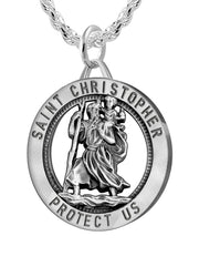 Men's 925 Sterling Silver Saint Christopher Round Antique Pendant Necklace, 25mm - US Jewels