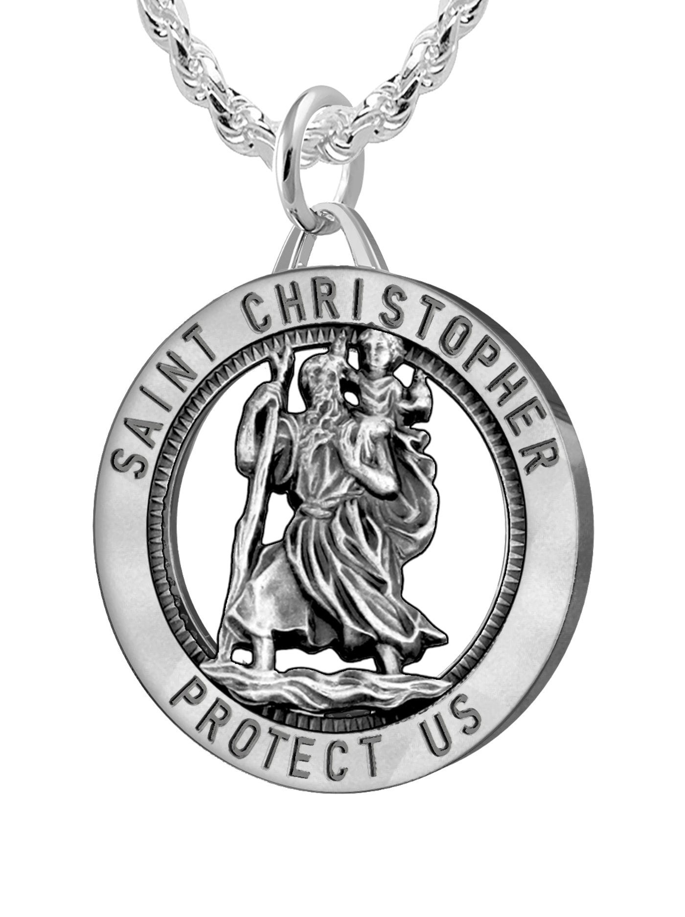 Men's 925 Sterling Silver Saint Christopher Round Antique Pendant Necklace, 25mm - US Jewels