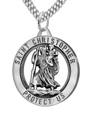 Men's 925 Sterling Silver Saint Christopher Round Antique Pendant Necklace, 25mm - US Jewels