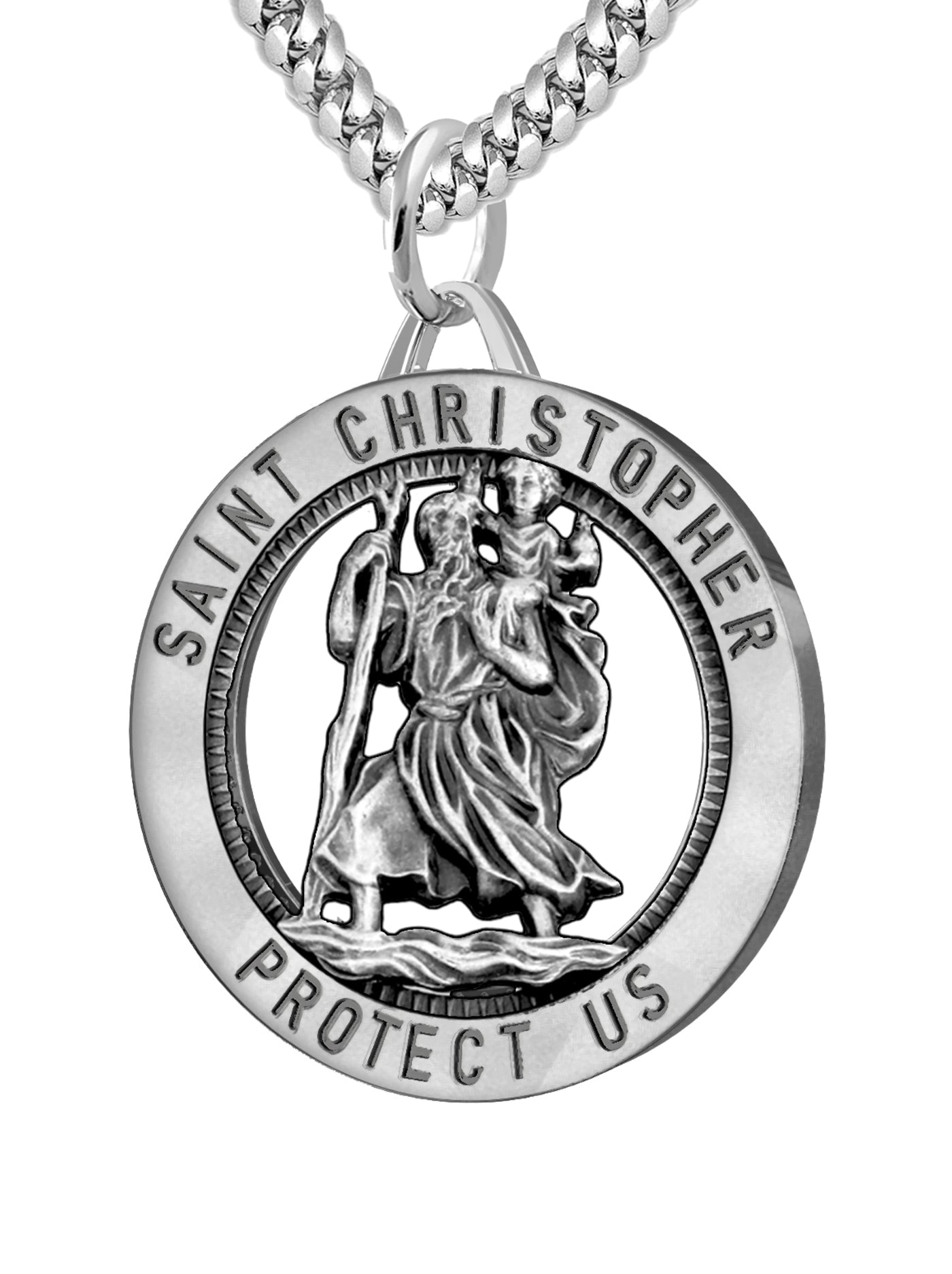 Men's 925 Sterling Silver Saint Christopher Round Antique Pendant Necklace, 25mm - US Jewels