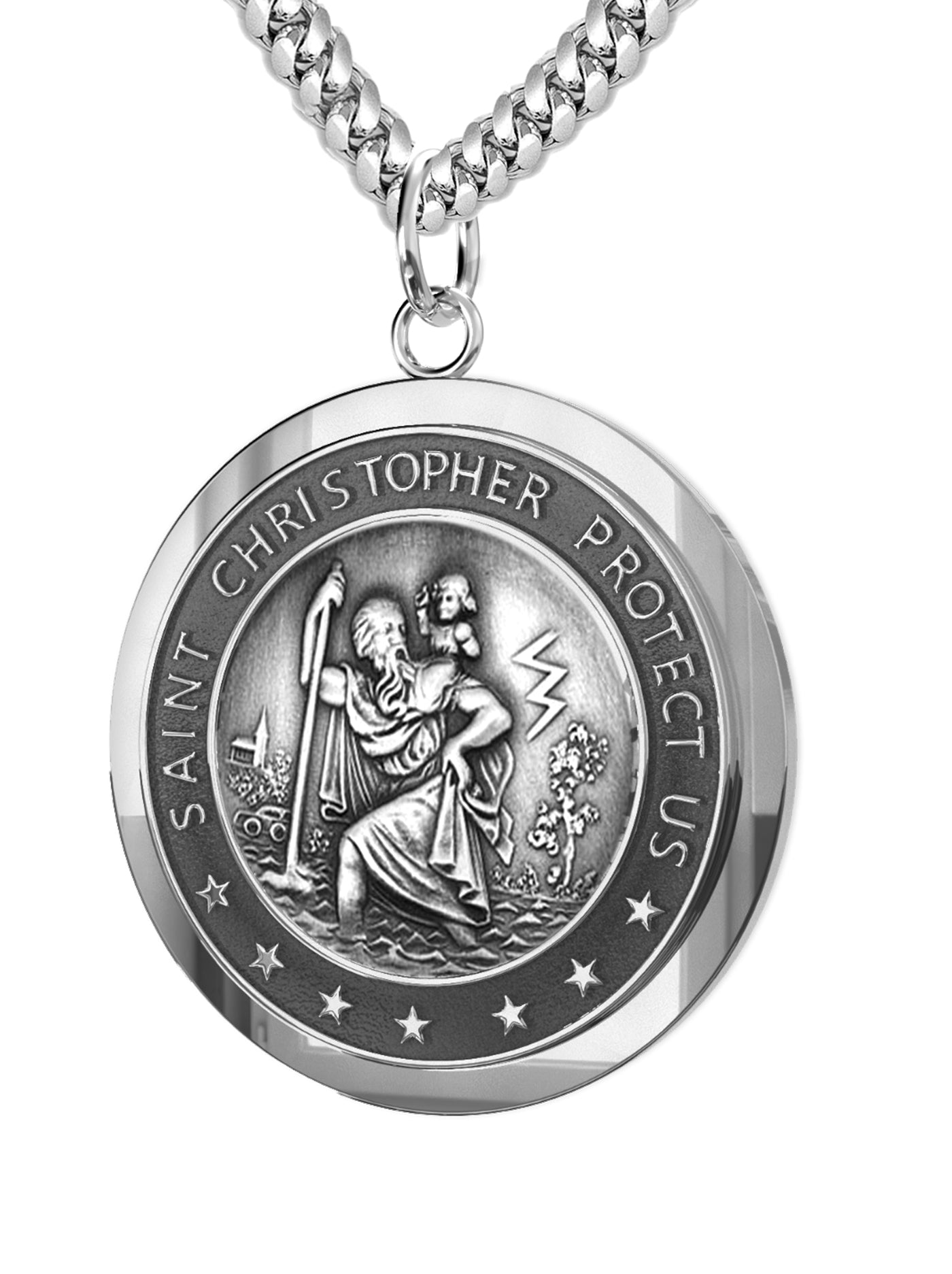 Men's 925 Sterling Silver Saint Christopher Round Antique Pendant Necklace, 25mm - US Jewels