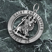 Men's 925 Sterling Silver Saint Christopher Round Antique Pendant Necklace, 25mm - US Jewels
